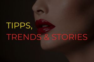 Glossy red lips in profile – banner for Tipps, Trends & Stories Blog